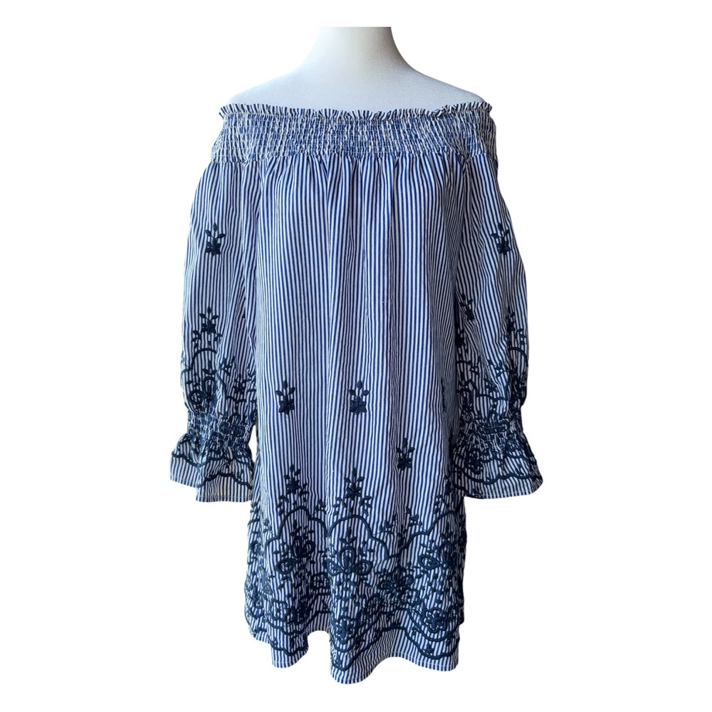 Bishop + Young Blue White Striped Embroidered Mini Dress Womens M W/Flaw